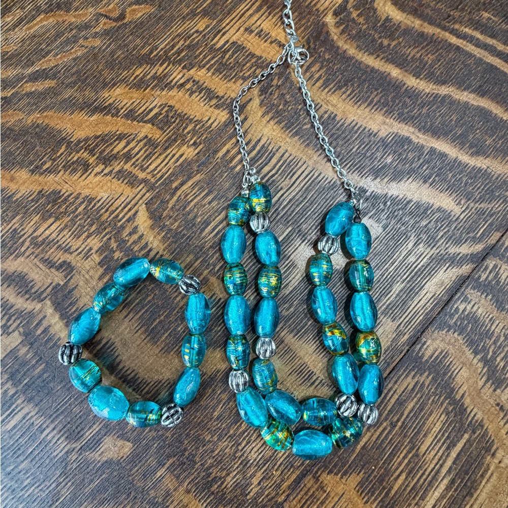 Teal Glass Bead Necklace & Bracelet Set - Women Jewelry